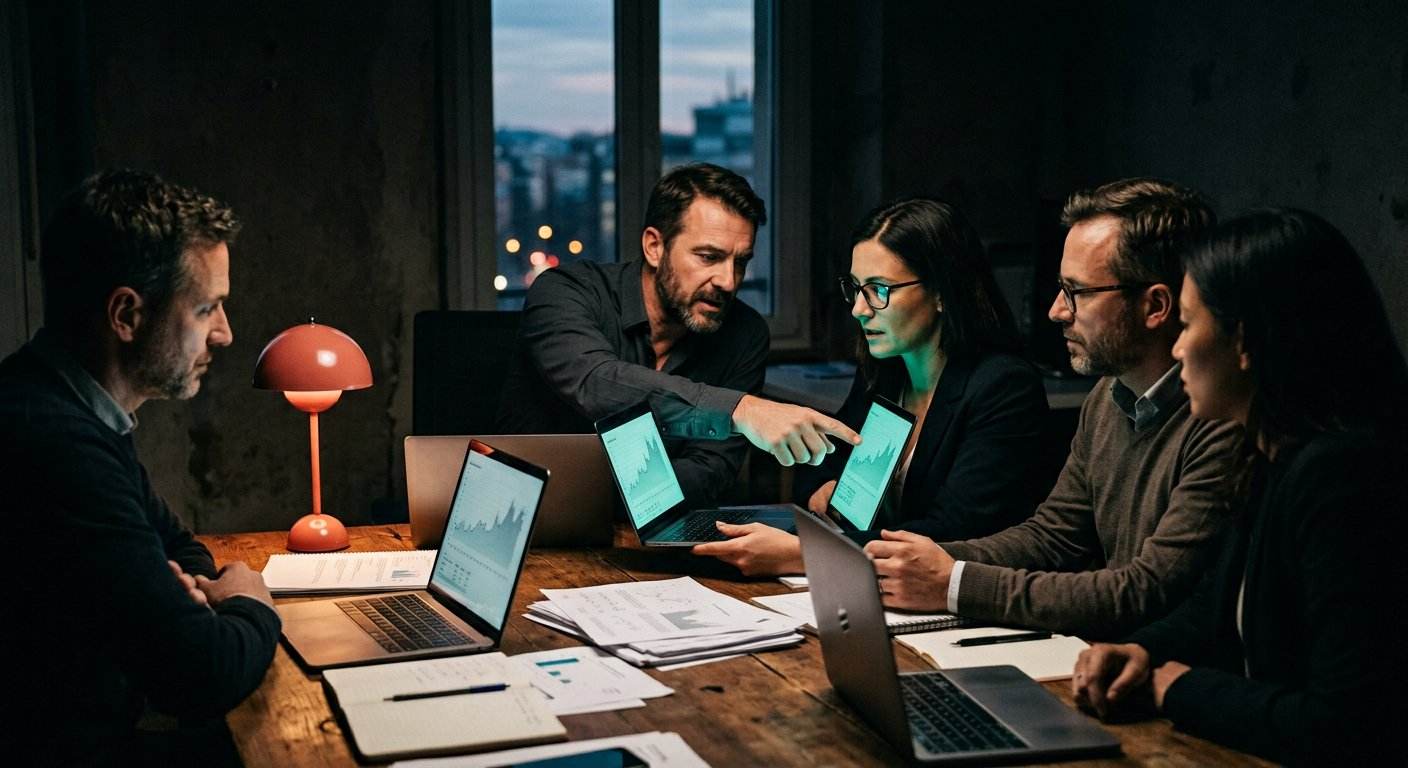 Atelier de formation aux outils d'intelligence artificielle pour une équipe du chiffre, écrans allumés dans un bureau sombre