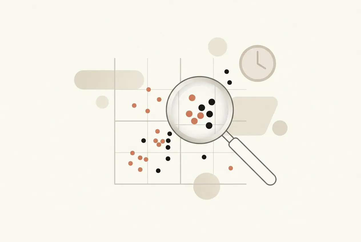 Illustration : une loupe examine une matrice impact / effort ponctuée de mesures, symbole d'un diagnostic chronométré