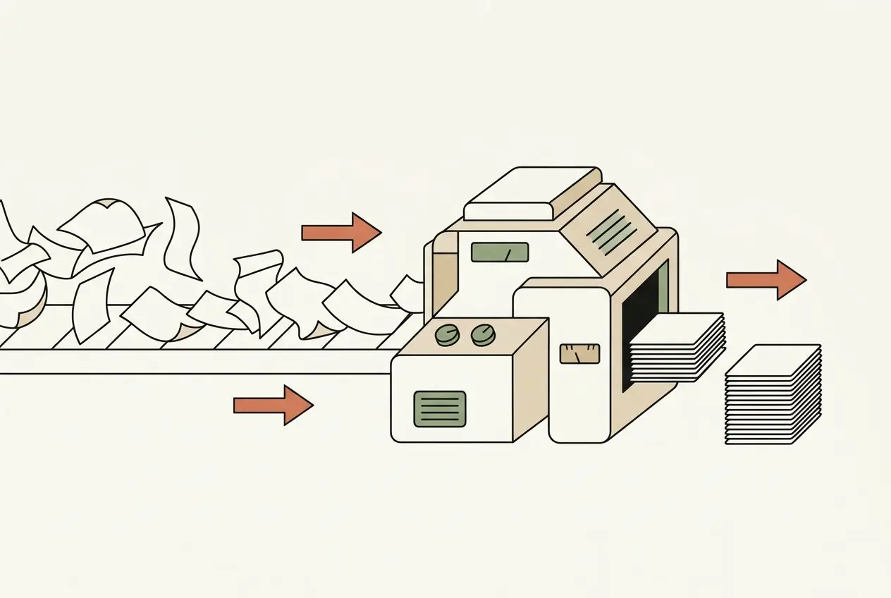 Illustration : des factures acheminées sur une ligne vers une machine qui les trie en piles ordonnées