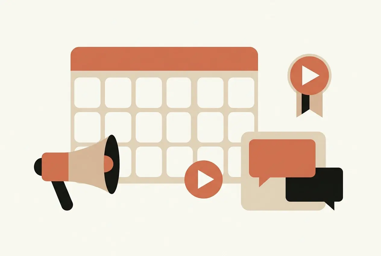 Illustration : un calendrier éditorial, un mégaphone et des bulles de discussion en composition graphique