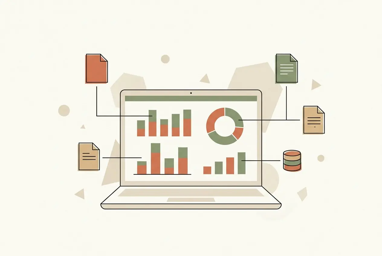 Illustration : un tableau de bord financier sur ordinateur relié à des documents par des flux automatisés